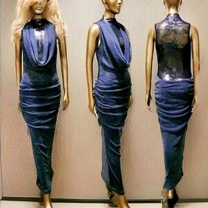 NWT Blue Extreme Plunge Cowl Neck Lace Underlay Glimmering Ruched Maxi Dress